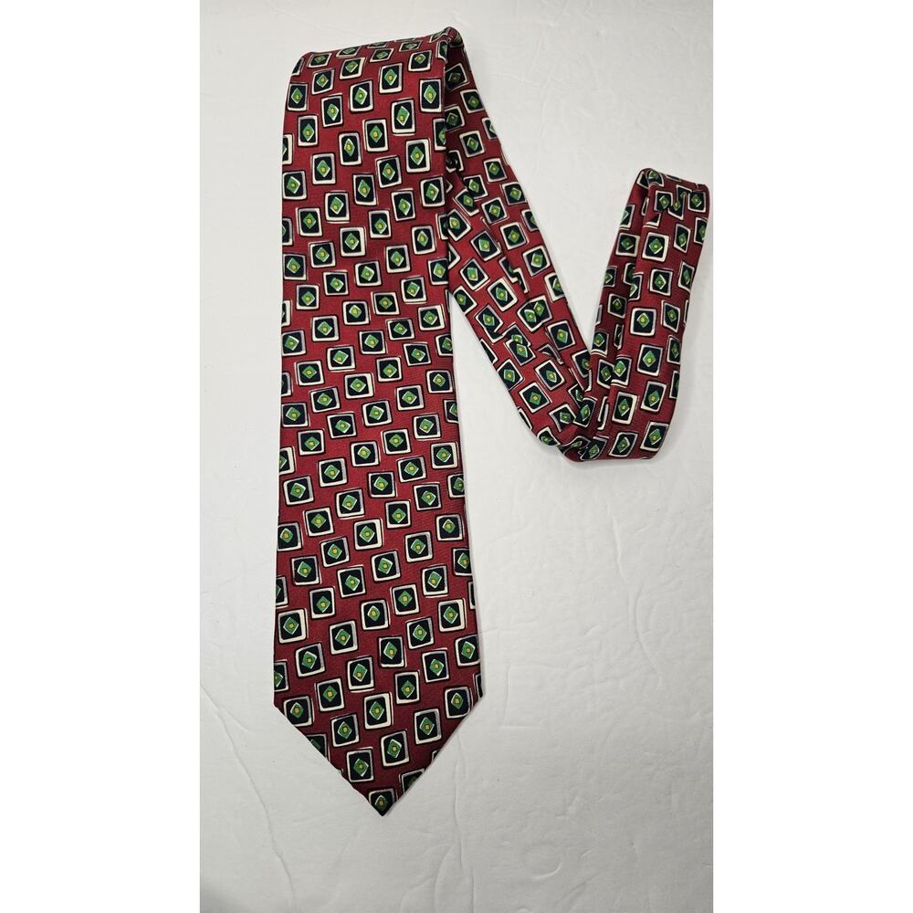 Vintage Lands End Men's Tie Red Green Geometric Print 3.5 X 60